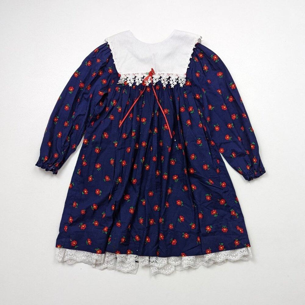 Vintage Bryan Dress Girls Size 6 Navy Floral Bib Long Sleeve